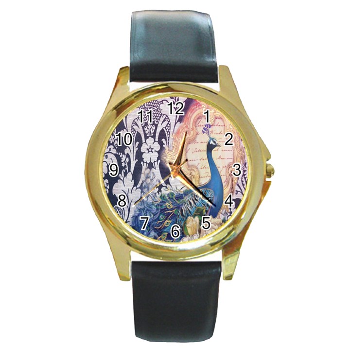 Damask French Scripts  Purple Peacock Floral Paris Decor Round Metal Watch (Gold Rim) 