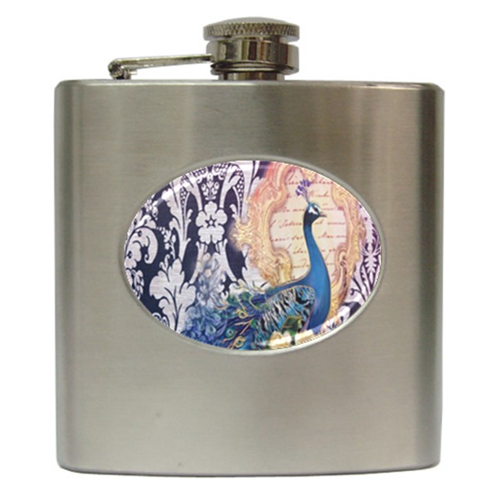 Damask French Scripts  Purple Peacock Floral Paris Decor Hip Flask