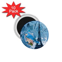 Girly Blue Bird Vintage Damask Floral Paris Eiffel Tower 1 75  Button Magnet (10 Pack) by chicelegantboutique