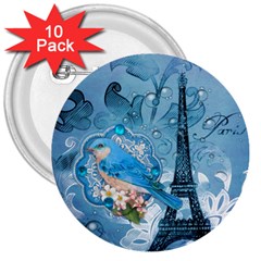 Girly Blue Bird Vintage Damask Floral Paris Eiffel Tower 3  Button (10 Pack) by chicelegantboutique