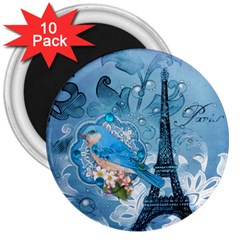 Girly Blue Bird Vintage Damask Floral Paris Eiffel Tower 3  Button Magnet (10 Pack) by chicelegantboutique