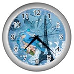 Girly Blue Bird Vintage Damask Floral Paris Eiffel Tower Wall Clock (Silver) Front