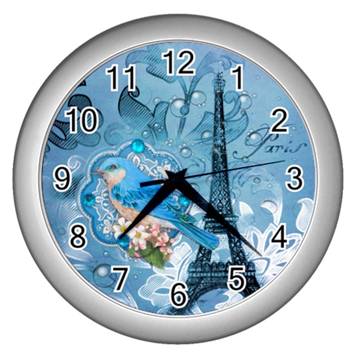 Girly Blue Bird Vintage Damask Floral Paris Eiffel Tower Wall Clock (Silver)