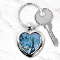 Girly Blue Bird Vintage Damask Floral Paris Eiffel Tower Key Chain (heart) by chicelegantboutique