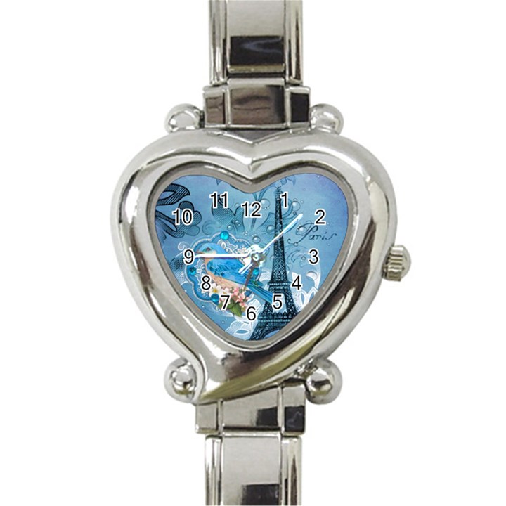 Girly Blue Bird Vintage Damask Floral Paris Eiffel Tower Heart Italian Charm Watch 