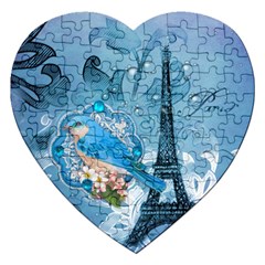 Girly Blue Bird Vintage Damask Floral Paris Eiffel Tower Jigsaw Puzzle (heart) by chicelegantboutique