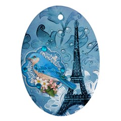 Girly Blue Bird Vintage Damask Floral Paris Eiffel Tower Oval Ornament (two Sides) by chicelegantboutique