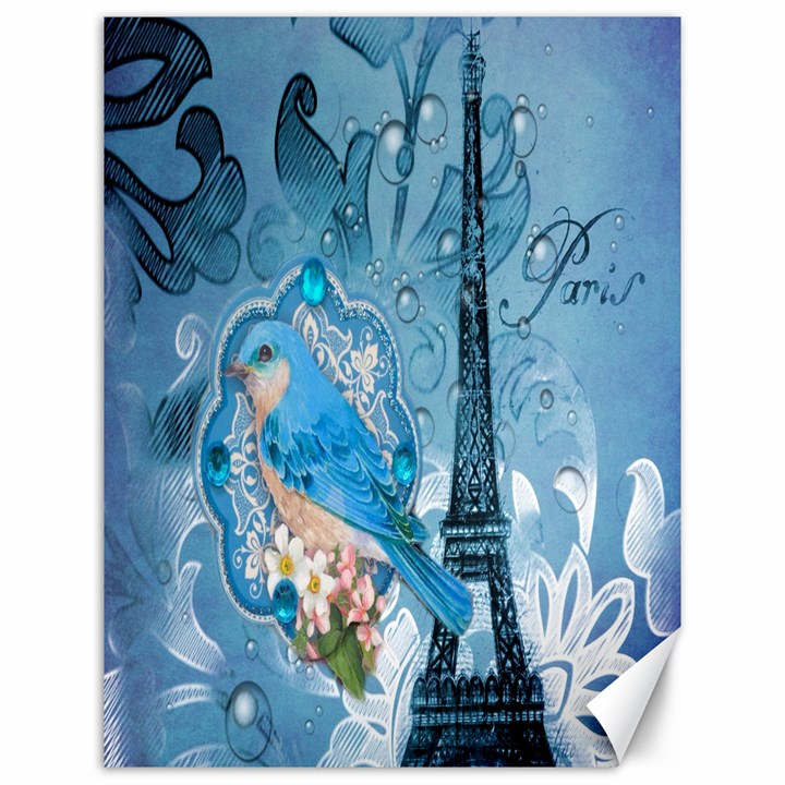 Girly Blue Bird Vintage Damask Floral Paris Eiffel Tower Canvas 12  x 16  (Unframed)