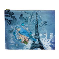 Girly Blue Bird Vintage Damask Floral Paris Eiffel Tower Cosmetic Bag (xl) by chicelegantboutique