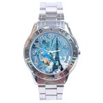 Girly Blue Bird Vintage Damask Floral Paris Eiffel Tower Stainless Steel Watch (Men s) Front