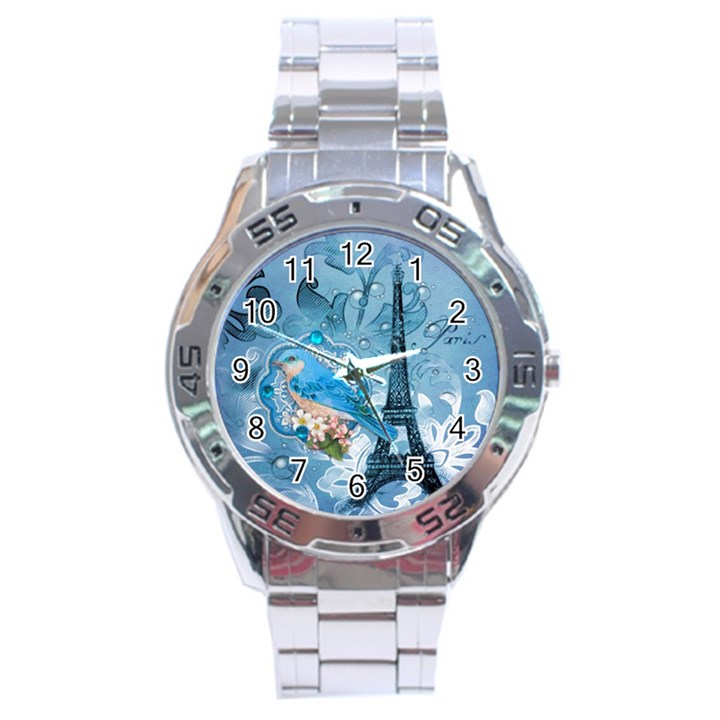 Girly Blue Bird Vintage Damask Floral Paris Eiffel Tower Stainless Steel Watch (Men s)