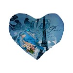 Girly Blue Bird Vintage Damask Floral Paris Eiffel Tower 16  Premium Heart Shape Cushion  Front