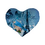 Girly Blue Bird Vintage Damask Floral Paris Eiffel Tower 16  Premium Heart Shape Cushion  Back