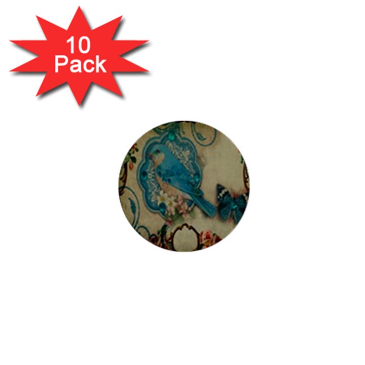 Victorian Girly Blue Bird Vintage Damask Floral Paris Eiffel Tower 1  Mini Button (10 pack)