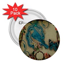 Victorian Girly Blue Bird Vintage Damask Floral Paris Eiffel Tower 2 25  Button (10 Pack) by chicelegantboutique