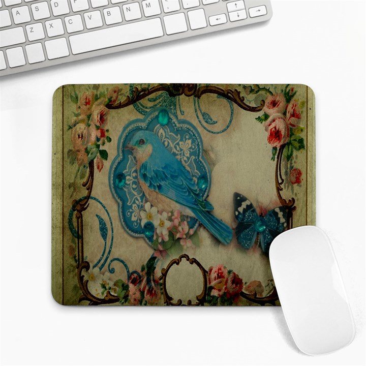 Victorian Girly Blue Bird Vintage Damask Floral Paris Eiffel Tower Large Mouse Pad (Rectangle)