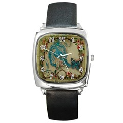 Victorian Girly Blue Bird Vintage Damask Floral Paris Eiffel Tower Square Leather Watch by chicelegantboutique