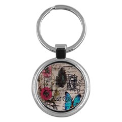 Floral Scripts Blue Butterfly Eiffel Tower Vintage Paris Fashion Key Chain (round) by chicelegantboutique