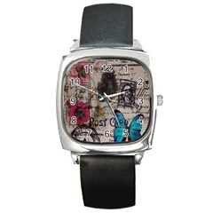 Floral Scripts Blue Butterfly Eiffel Tower Vintage Paris Fashion Square Leather Watch by chicelegantboutique