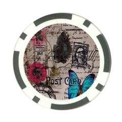 Floral Scripts Blue Butterfly Eiffel Tower Vintage Paris Fashion Poker Chip by chicelegantboutique