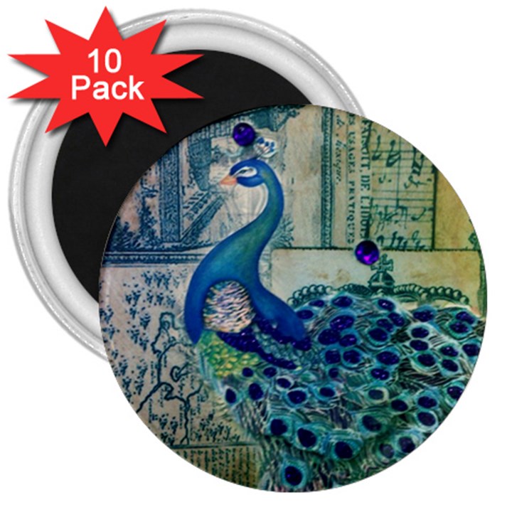 French Scripts Vintage Peacock Floral Paris Decor 3  Button Magnet (10 pack)