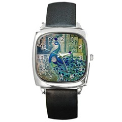 French Scripts Vintage Peacock Floral Paris Decor Square Leather Watch by chicelegantboutique