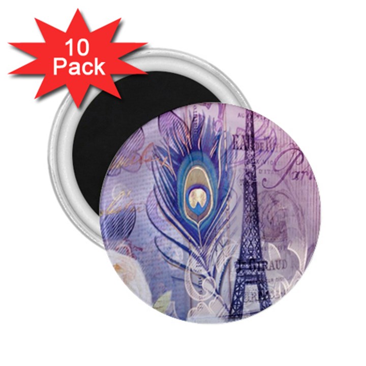 Peacock Feather White Rose Paris Eiffel Tower 2.25  Button Magnet (10 pack)