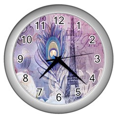 Peacock Feather White Rose Paris Eiffel Tower Wall Clock (silver) by chicelegantboutique