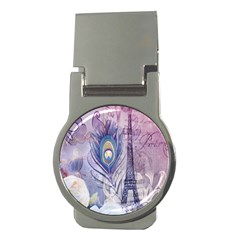 Peacock Feather White Rose Paris Eiffel Tower Money Clip (round) by chicelegantboutique