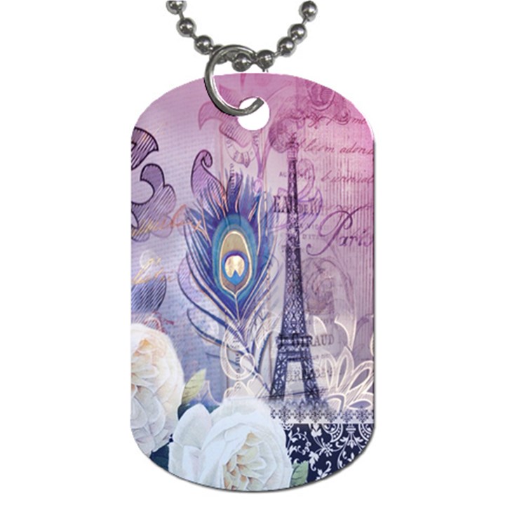 Peacock Feather White Rose Paris Eiffel Tower Dog Tag (One Sided)