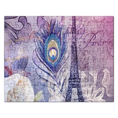 Peacock Feather White Rose Paris Eiffel Tower Jigsaw Puzzle (rectangle) by chicelegantboutique