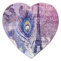 Peacock Feather White Rose Paris Eiffel Tower Jigsaw Puzzle (heart) by chicelegantboutique