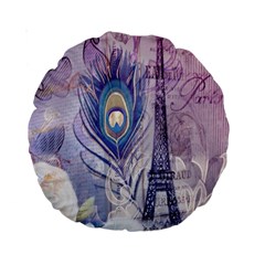 Peacock Feather White Rose Paris Eiffel Tower 15  Premium Round Cushion  by chicelegantboutique