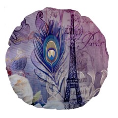 Peacock Feather White Rose Paris Eiffel Tower 18  Premium Round Cushion 