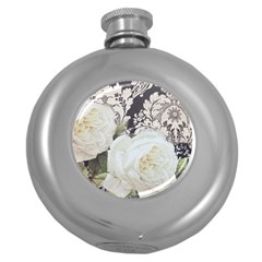 Elegant White Rose Vintage Damask Hip Flask (round) by chicelegantboutique