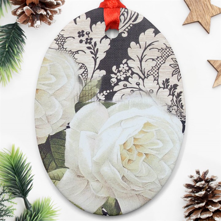 Elegant White Rose Vintage Damask Oval Ornament (Two Sides)