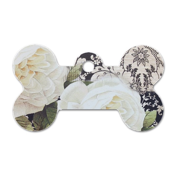 Elegant White Rose Vintage Damask Dog Tag Bone (One Sided)