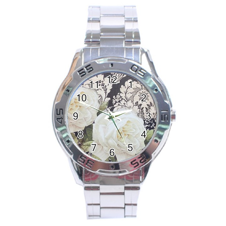 Elegant White Rose Vintage Damask Stainless Steel Watch (Men s)