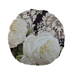 Elegant White Rose Vintage Damask 15  Premium Round Cushion  by chicelegantboutique