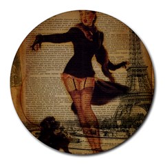 Paris Lady And French Poodle Vintage Newspaper Print Sexy Hot Gil Elvgren Pin Up Girl Paris Eiffel T 8  Mouse Pad (round) by chicelegantboutique