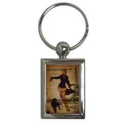 Paris Lady And French Poodle Vintage Newspaper Print Sexy Hot Gil Elvgren Pin Up Girl Paris Eiffel T Key Chain (rectangle) by chicelegantboutique