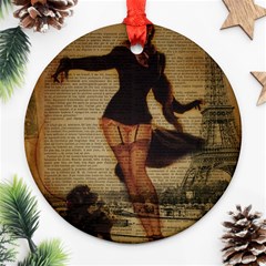 Paris Lady And French Poodle Vintage Newspaper Print Sexy Hot Gil Elvgren Pin Up Girl Paris Eiffel T Round Ornament (two Sides) by chicelegantboutique