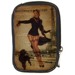 Paris Lady And French Poodle Vintage Newspaper Print Sexy Hot Gil Elvgren Pin Up Girl Paris Eiffel T Compact Camera Leather Case by chicelegantboutique