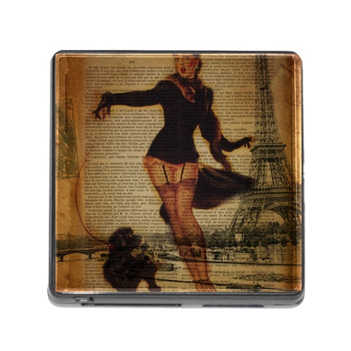 Paris Lady And French Poodle Vintage Newspaper Print Sexy Hot Gil Elvgren Pin Up Girl Paris Eiffel T Memory Card Reader with Storage (Square)