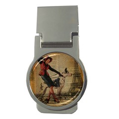 Paris Girl And Great Dane Vintage Newspaper Print Sexy Hot Gil Elvgren Pin Up Girl Paris Eiffel Towe Money Clip (round) by chicelegantboutique