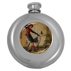 Paris Girl And Great Dane Vintage Newspaper Print Sexy Hot Gil Elvgren Pin Up Girl Paris Eiffel Towe Hip Flask (round) by chicelegantboutique