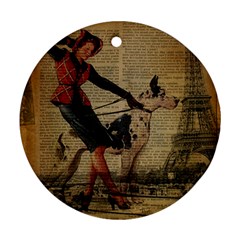 Paris Girl And Great Dane Vintage Newspaper Print Sexy Hot Gil Elvgren Pin Up Girl Paris Eiffel Towe Round Ornament (two Sides) by chicelegantboutique