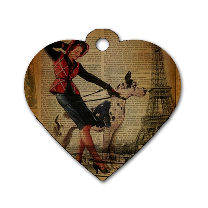 Paris Girl And Great Dane Vintage Newspaper Print Sexy Hot Gil Elvgren Pin Up Girl Paris Eiffel Towe Dog Tag Heart (Two Sided)