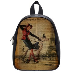 Paris Girl And Great Dane Vintage Newspaper Print Sexy Hot Gil Elvgren Pin Up Girl Paris Eiffel Towe School Bag (small) by chicelegantboutique