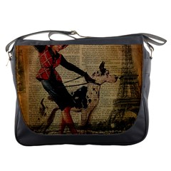 Paris Girl And Great Dane Vintage Newspaper Print Sexy Hot Gil Elvgren Pin Up Girl Paris Eiffel Towe Messenger Bag by chicelegantboutique